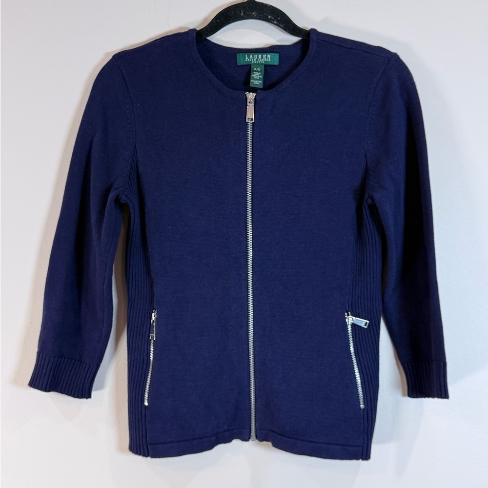 🔥Ralph Lauren Navy Zip Front Cardigan 3/4 Sleeves women’s Size S EC🔥